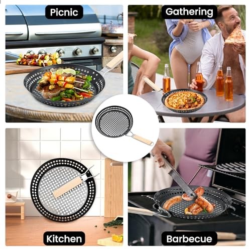 ZEJEXXB 12-inch BBQ Folding Grill Pan with Holes, Non-stick Skillet with Wooden Removable Handle-5