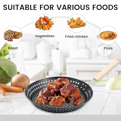 ZEJEXXB 12-inch BBQ Folding Grill Pan with Holes, Non-stick Skillet with Wooden Removable Handle-6