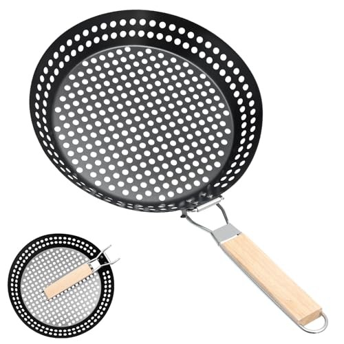 ZEJEXXB 12-inch BBQ Folding Grill Pan with Holes, Non-stick Skillet with Wooden Removable Handle-7