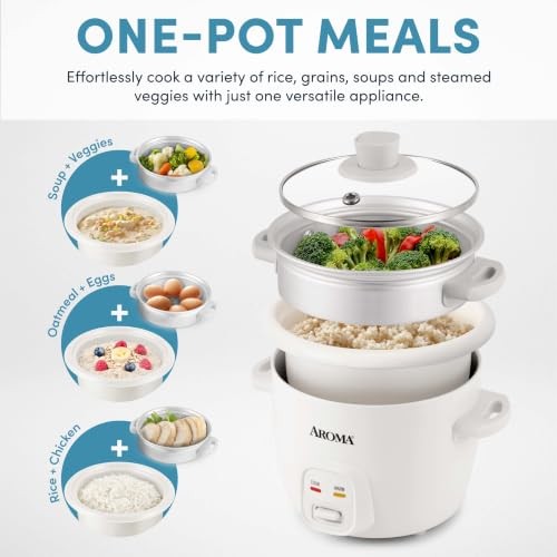 Aroma Rice Cooker, 2-Cup Uncooked / 4-Cup Cooked, 1 Qt, White, ARC-302-1NG-1