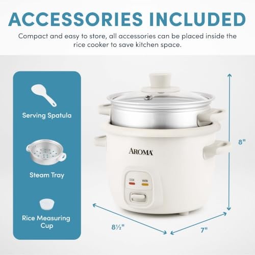 Aroma Rice Cooker, 2-Cup Uncooked / 4-Cup Cooked, 1 Qt, White, ARC-302-1NG-3
