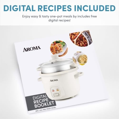 Aroma Rice Cooker, 2-Cup Uncooked / 4-Cup Cooked, 1 Qt, White, ARC-302-1NG-7
