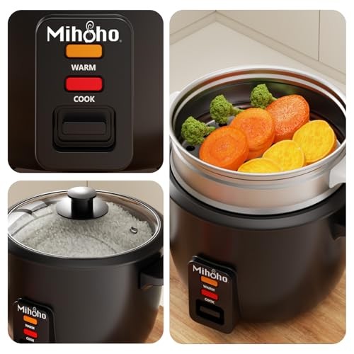Mihoho 1L Electric Rice Cooker with Glass Lid, Black A-3