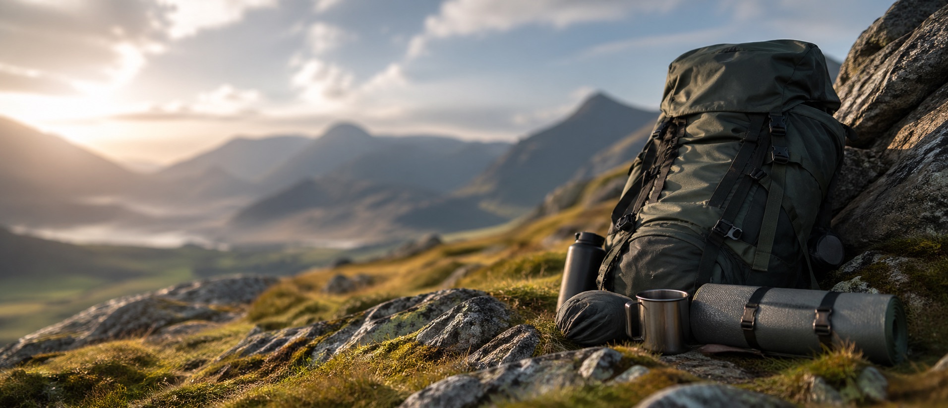 Hiking backpack and camping gear on a mountain trail at sunrise