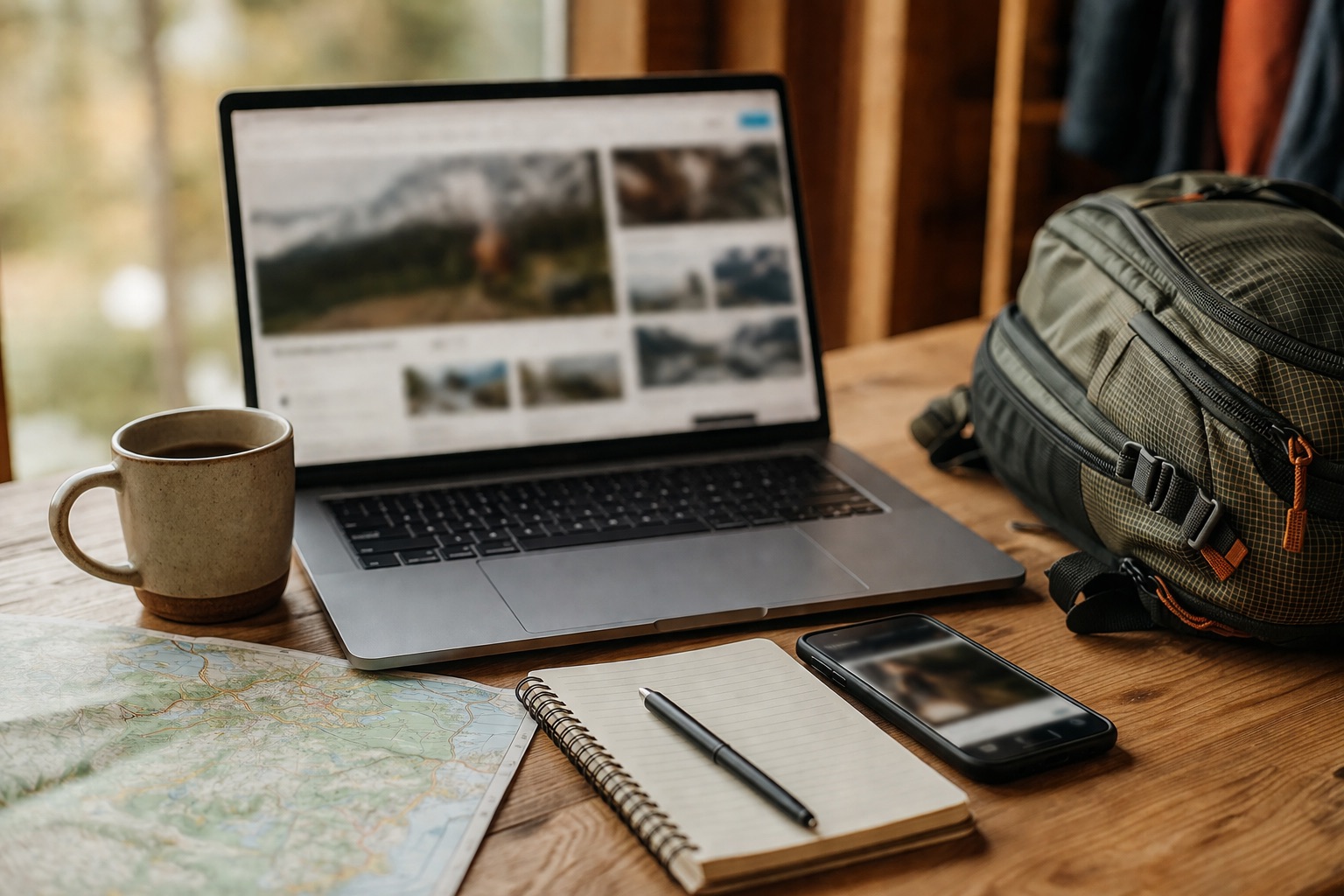 Outdoor gear research setup with laptop, map and backpack