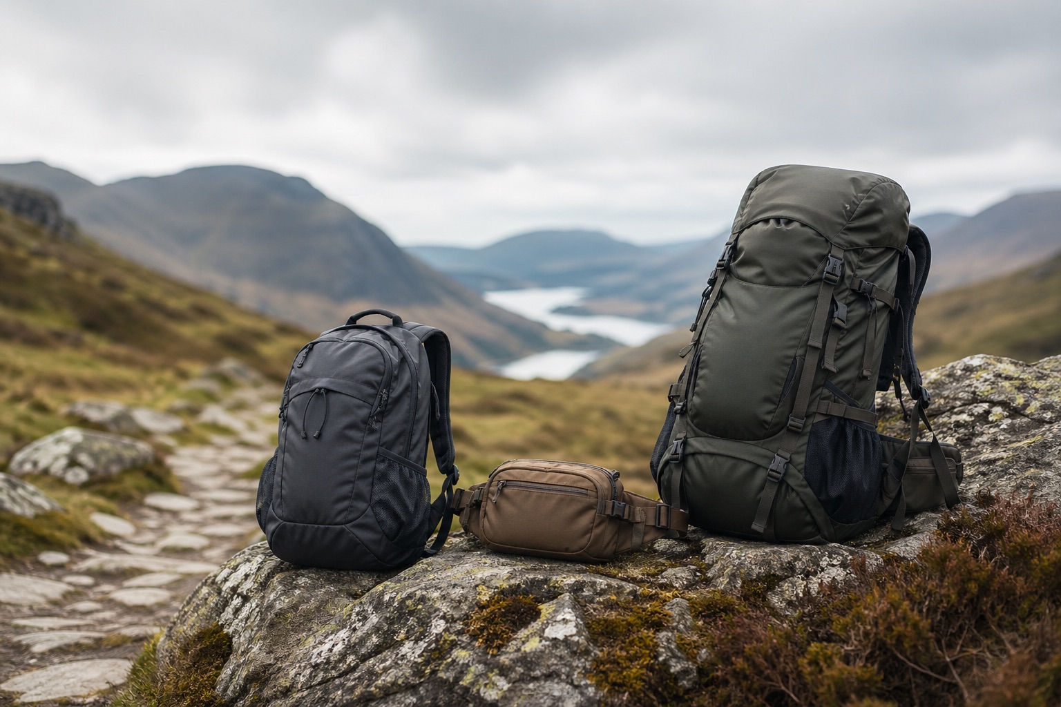 Different outdoor bags arranged near a hiking path