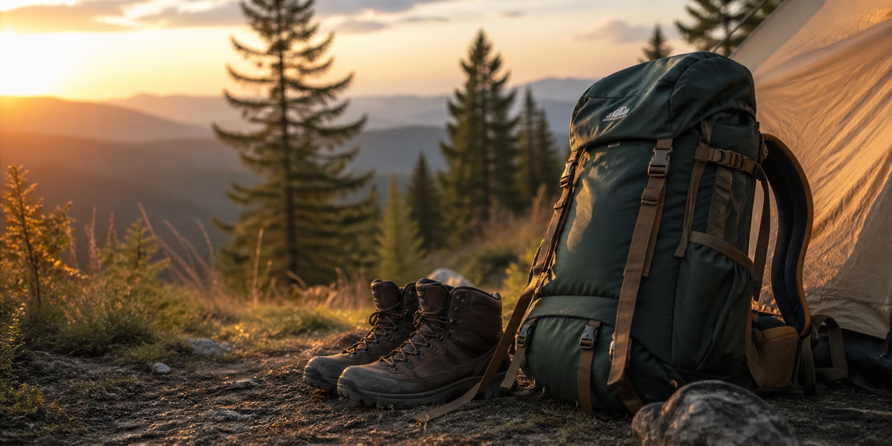 Peaceful campsite at golden hour with backpack and tent