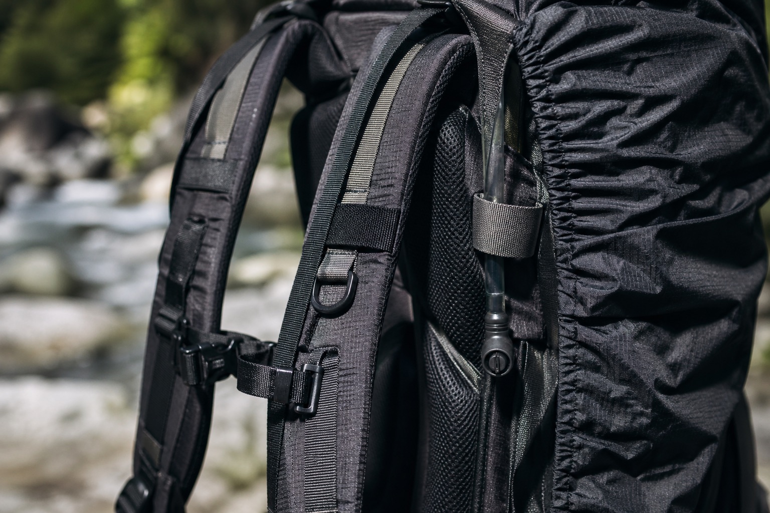 Close-up of backpack straps, buckles and fabric details