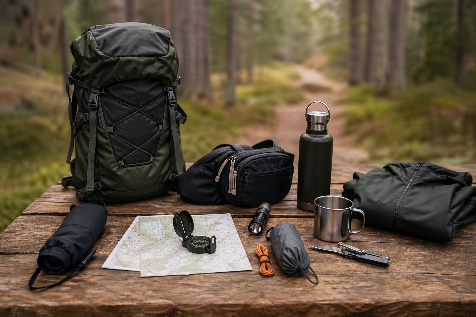 Hiking gear arranged on a wooden table before a trip