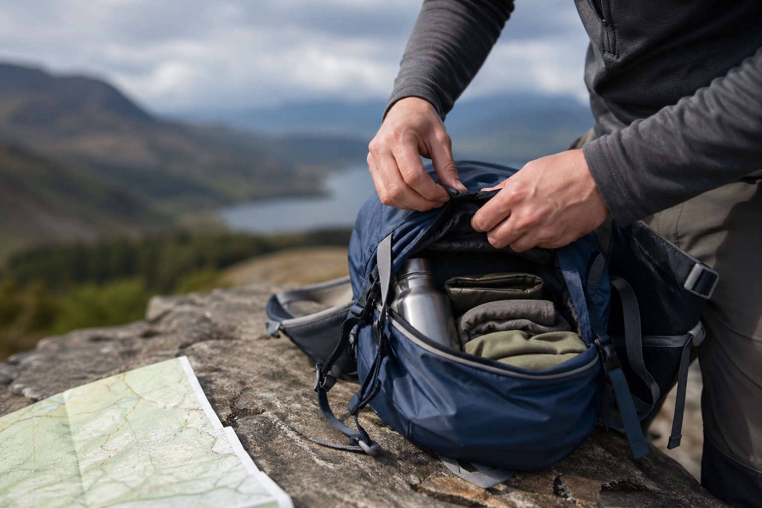 Outdoor gear being packed beside a trail map