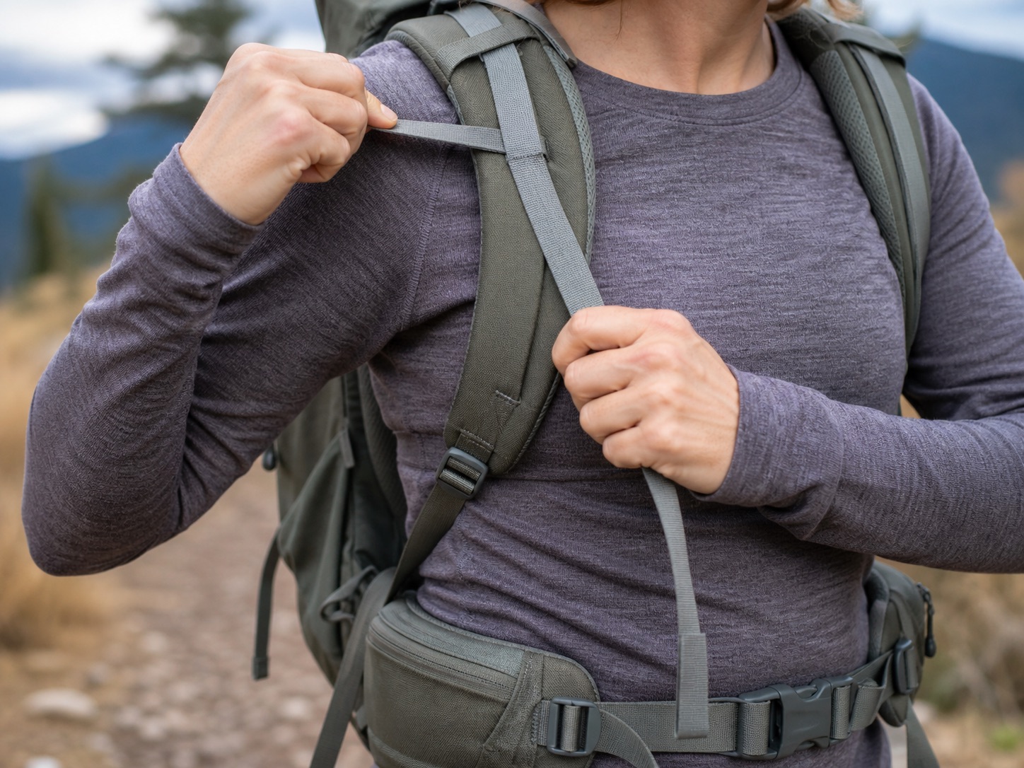 Hiker adjusting hip belt and load lifter straps on a backpack