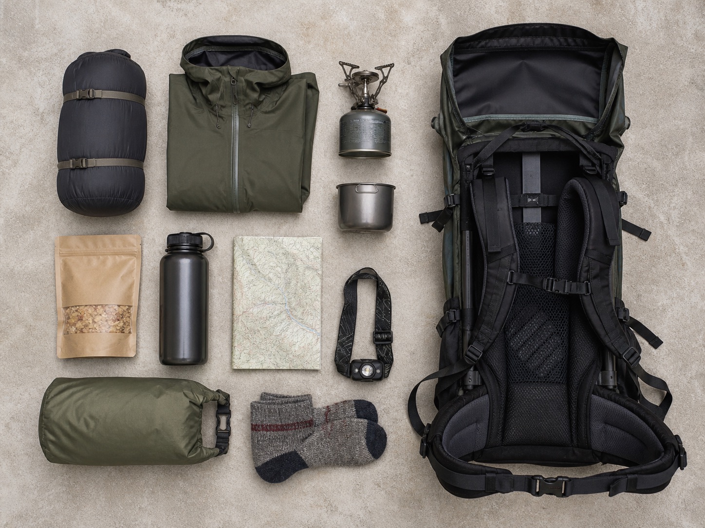 Weekend hiking gear packed beside an internal frame backpack