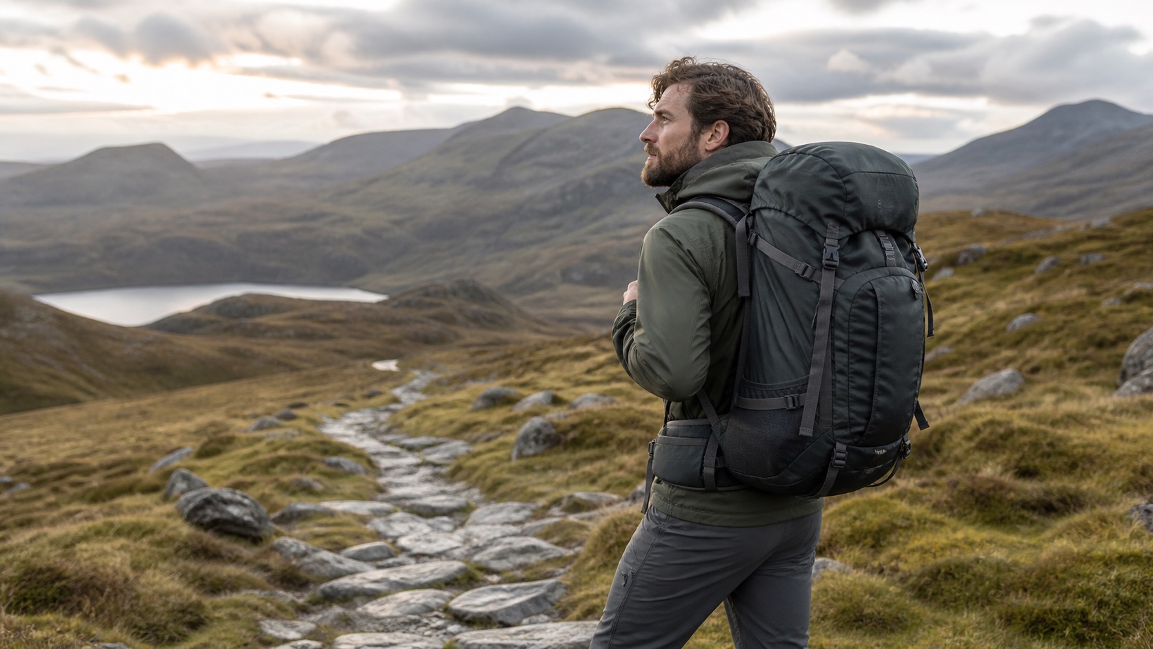 Hiker wearing an internal frame backpack on a weekend trail