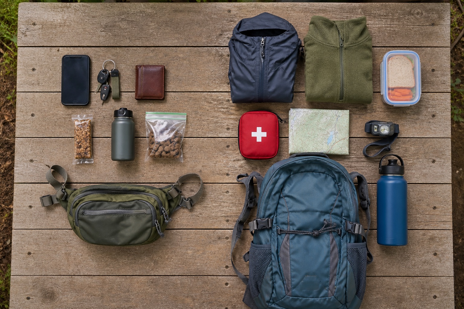 Flatlay comparison of waist pack essentials and daypack hiking gear