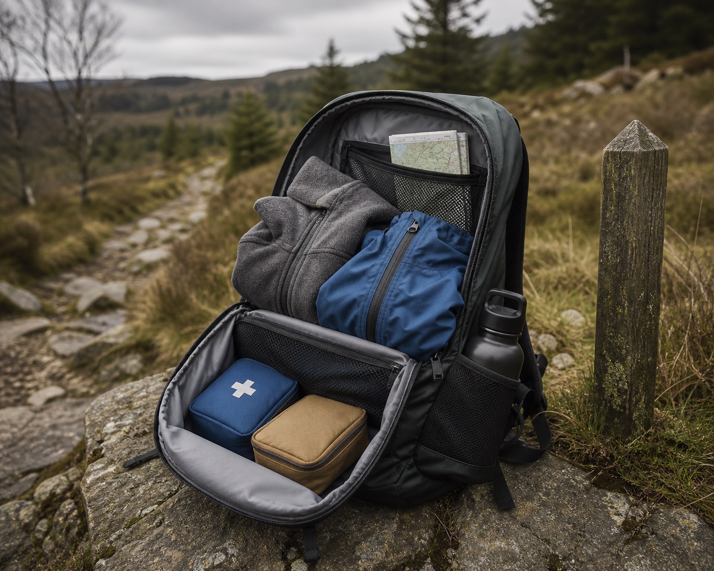 Compact daypack packed with water, layers and day hiking essentials