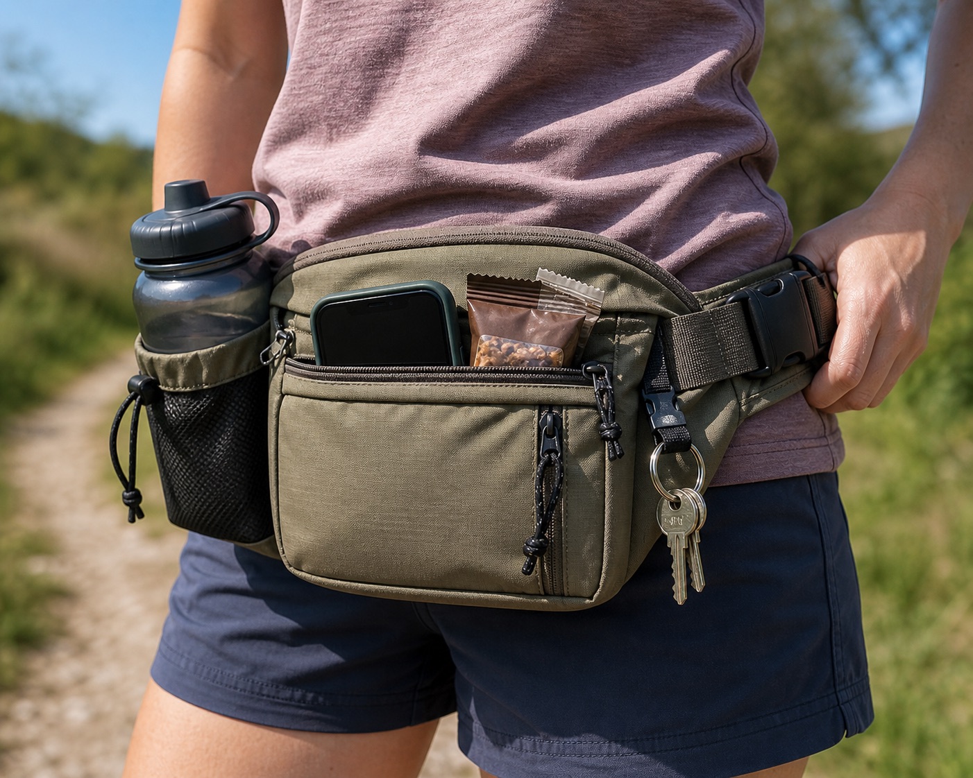 Hiking waist pack with bottle holder and short walk essentials