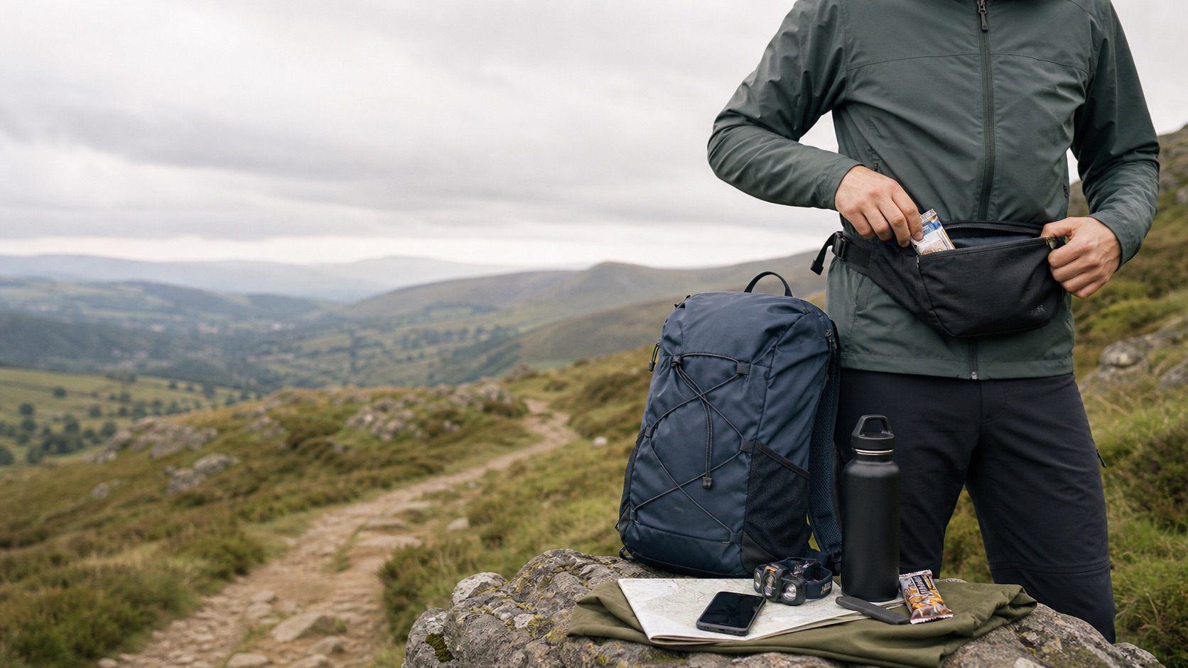Waist pack and daypack prepared for a short day hike