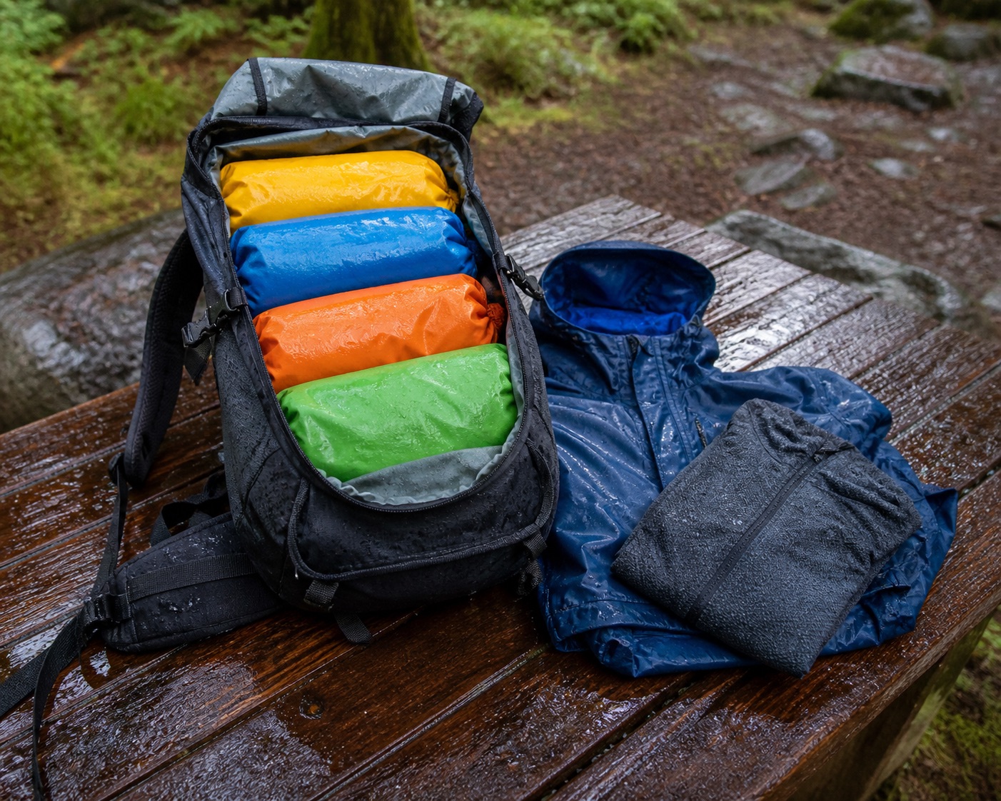 Open hiking backpack with roll-top dry bags protecting clothes and essentials