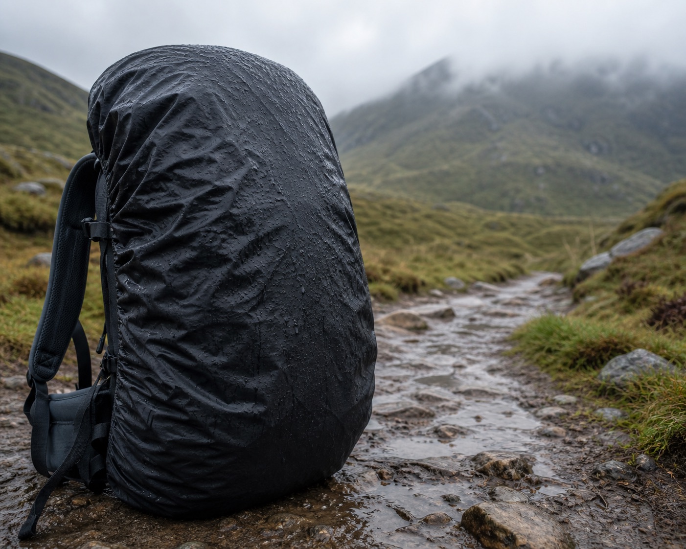 Hiking backpack with a fitted rain cover on a wet trail