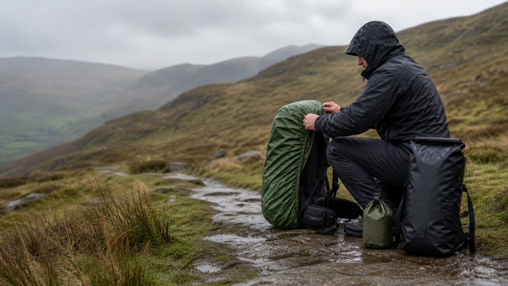 Hiker fitting a rain cover to a backpack on a wet trail