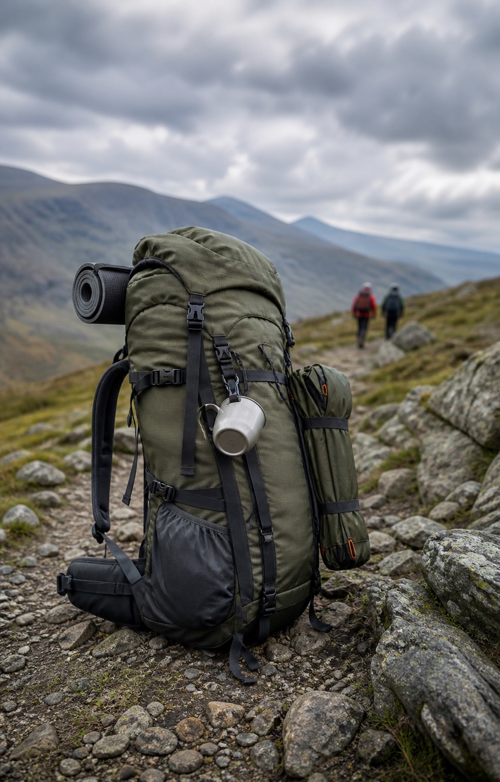Loaded hiking backpack on a rocky UK trail with mountain scenery
