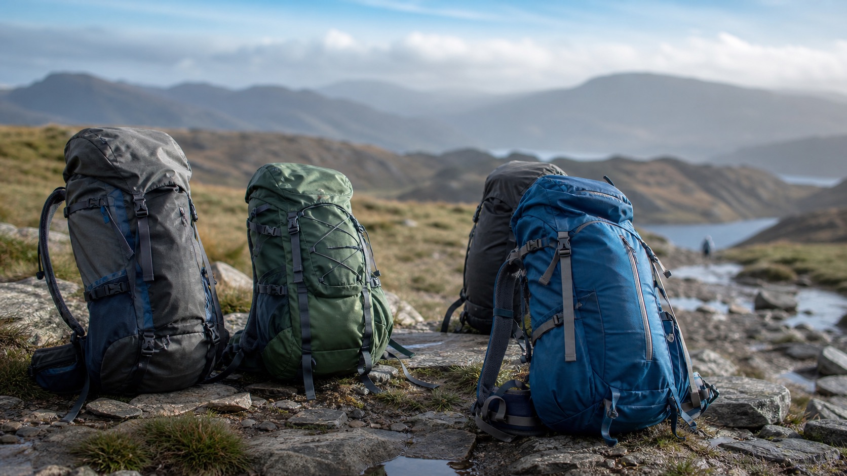 Hiking backpacks and walking rucksacks on a UK mountain trail