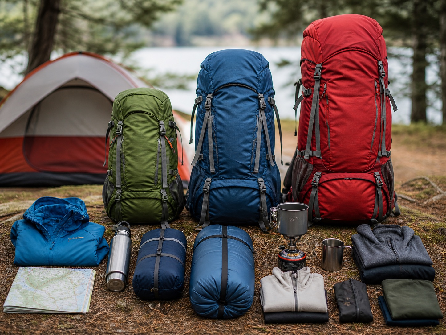 Hiking backpack contents arranged by capacity for day hikes and overnight treks
