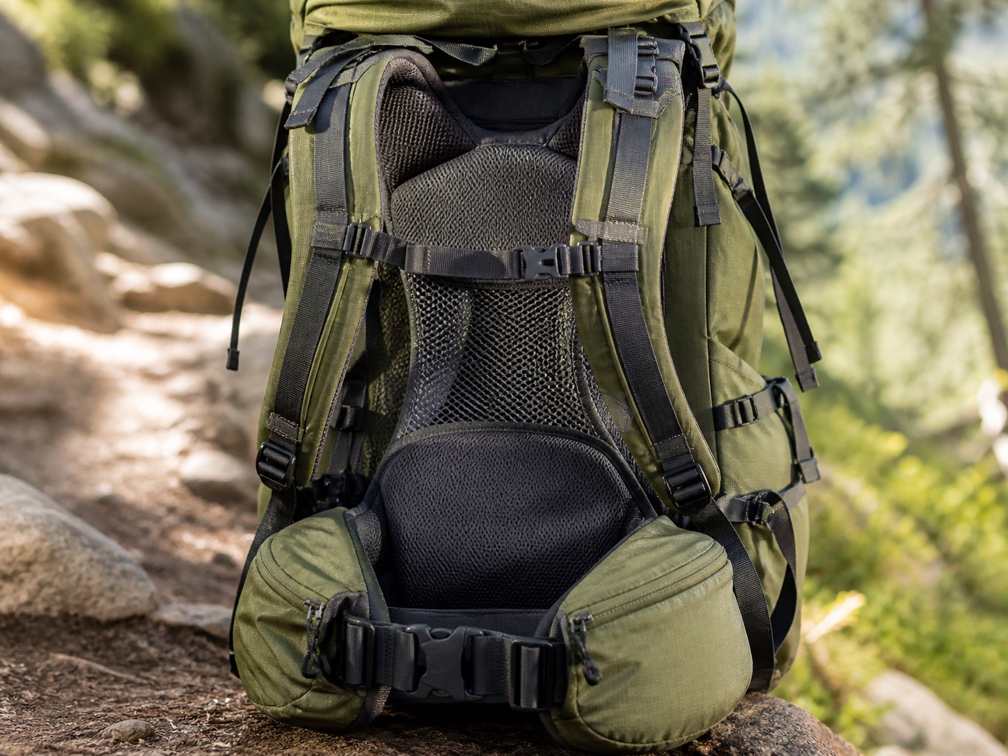 Close view of hiking backpack shoulder straps, hip belt, and load lifters