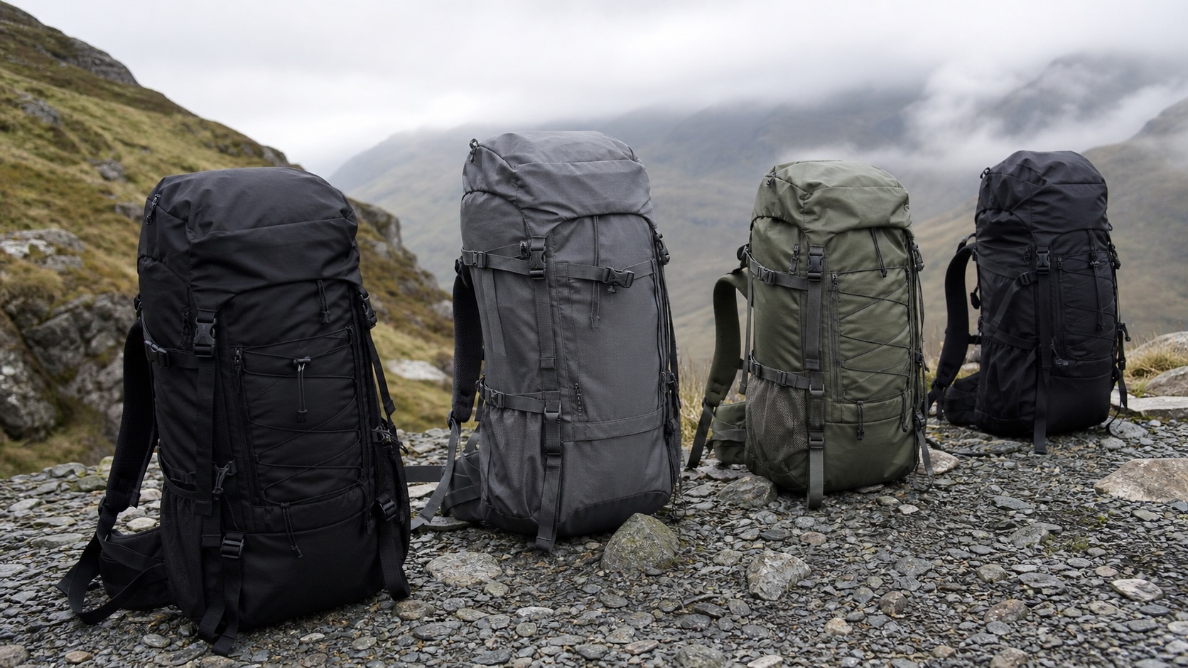 The North Face hiking backpacks on a rocky UK trail