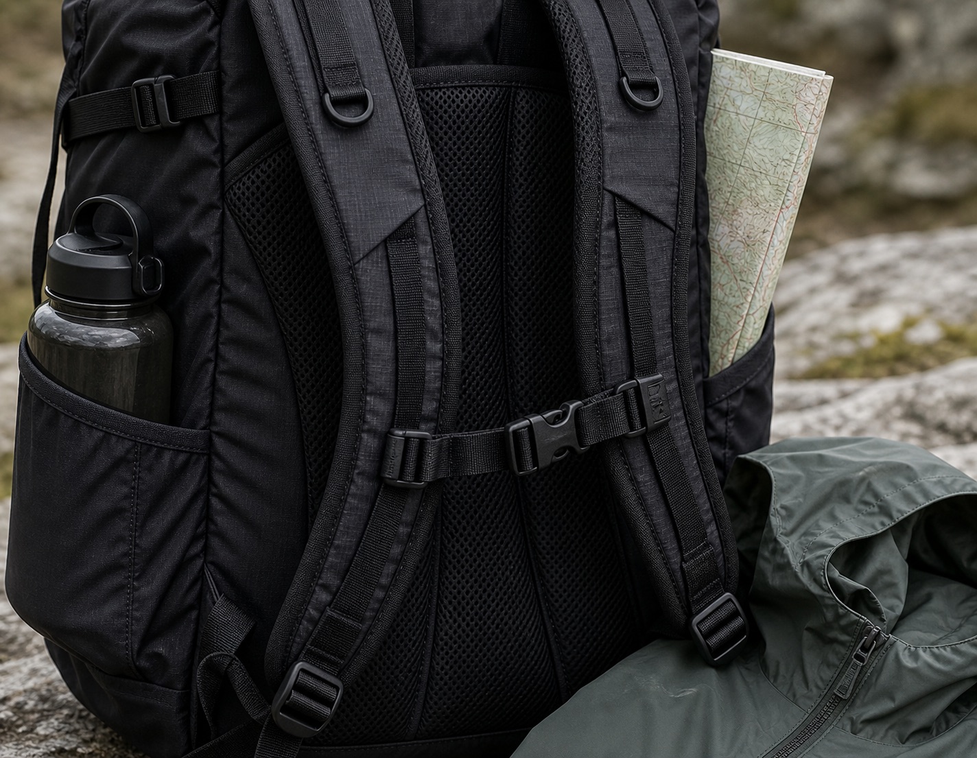 Close view of North Face backpack straps, back panel, and trail essentials