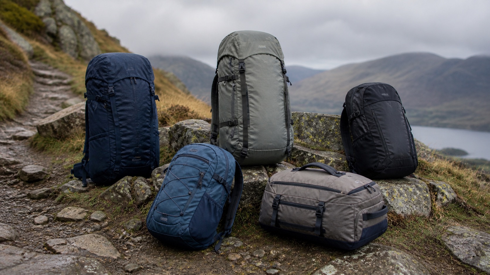 Patagonia backpacks and rucksacks arranged on a UK walking trail