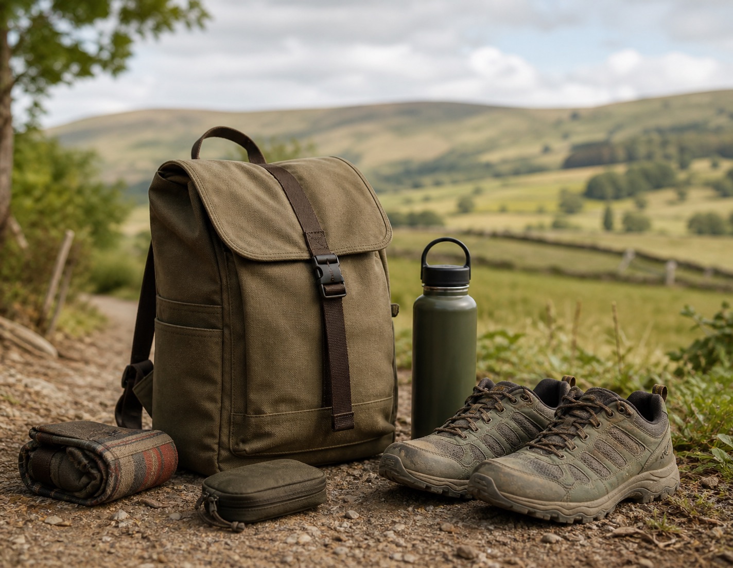 Patagonia-style Fieldsmith lid pack with walking essentials on a countryside path
