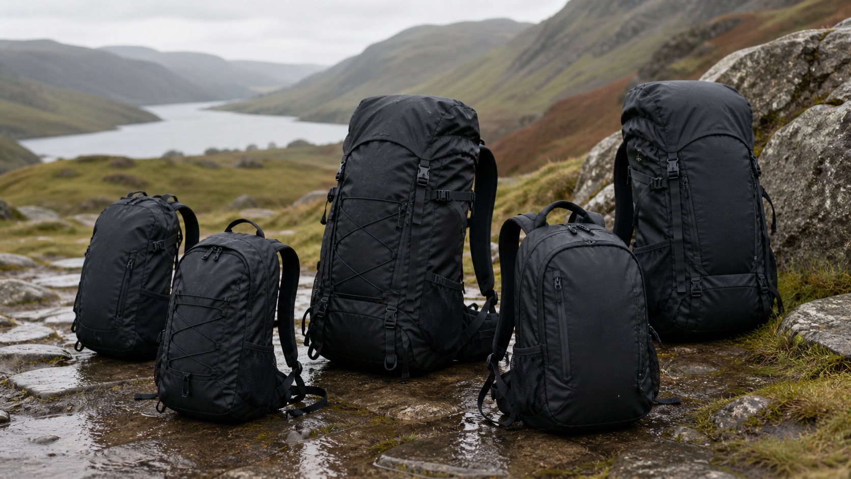 Black backpacks and rucksacks arranged on a UK hillwalking path