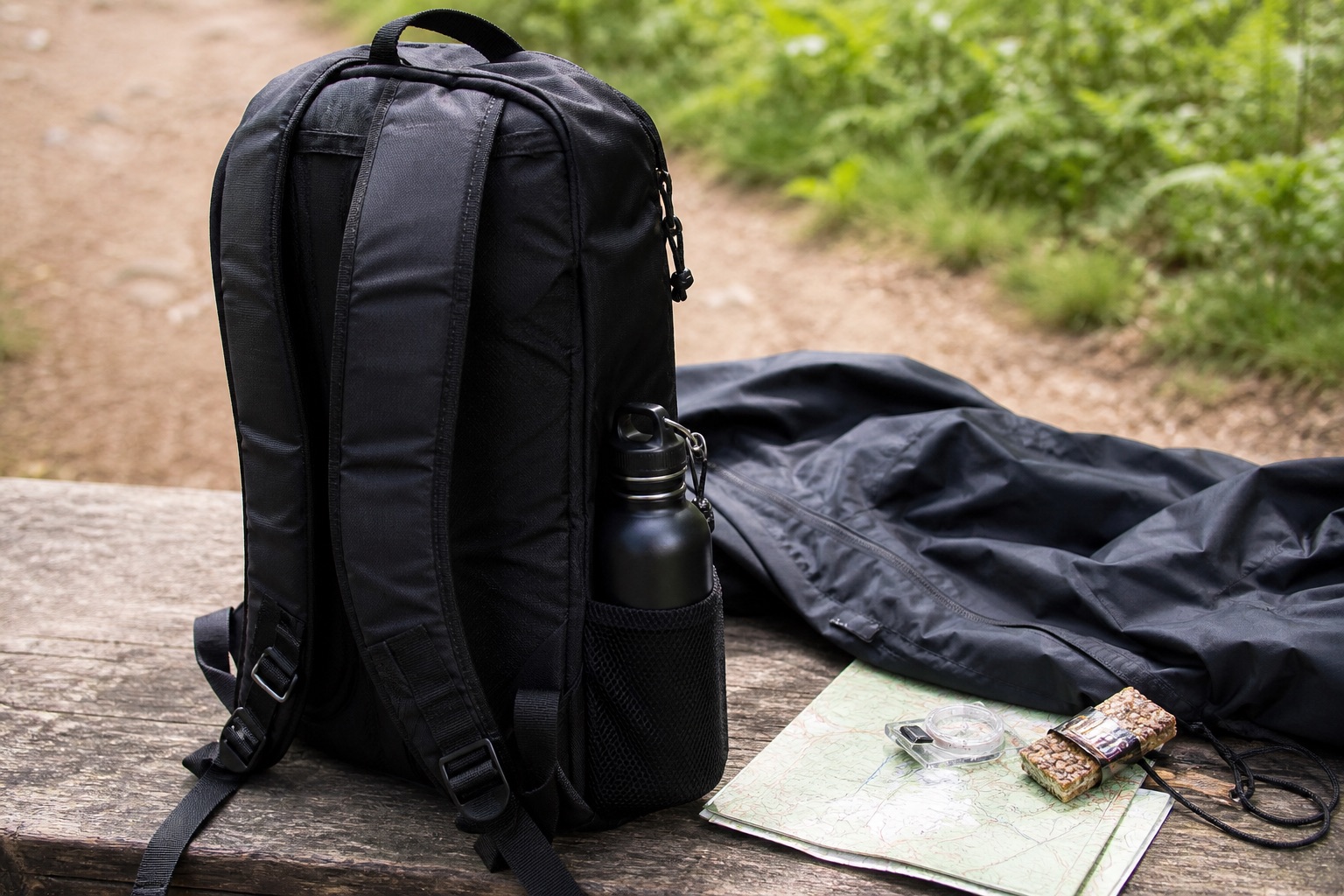 Black daypack detail with walking essentials, bottle pocket, and trail kit