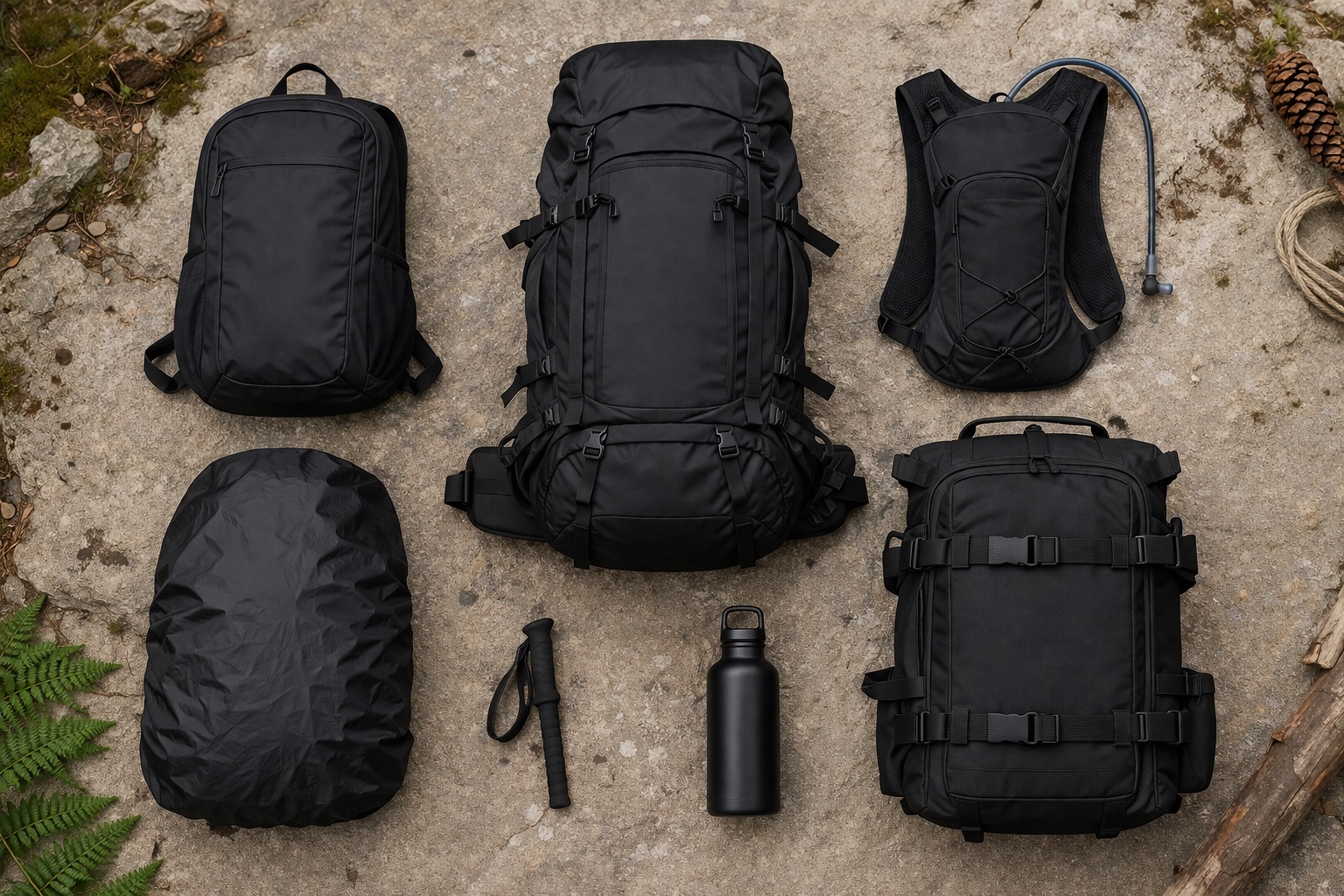 Comparison of black daypack, hiking rucksack, hydration pack, rain cover, and carrier backpack
