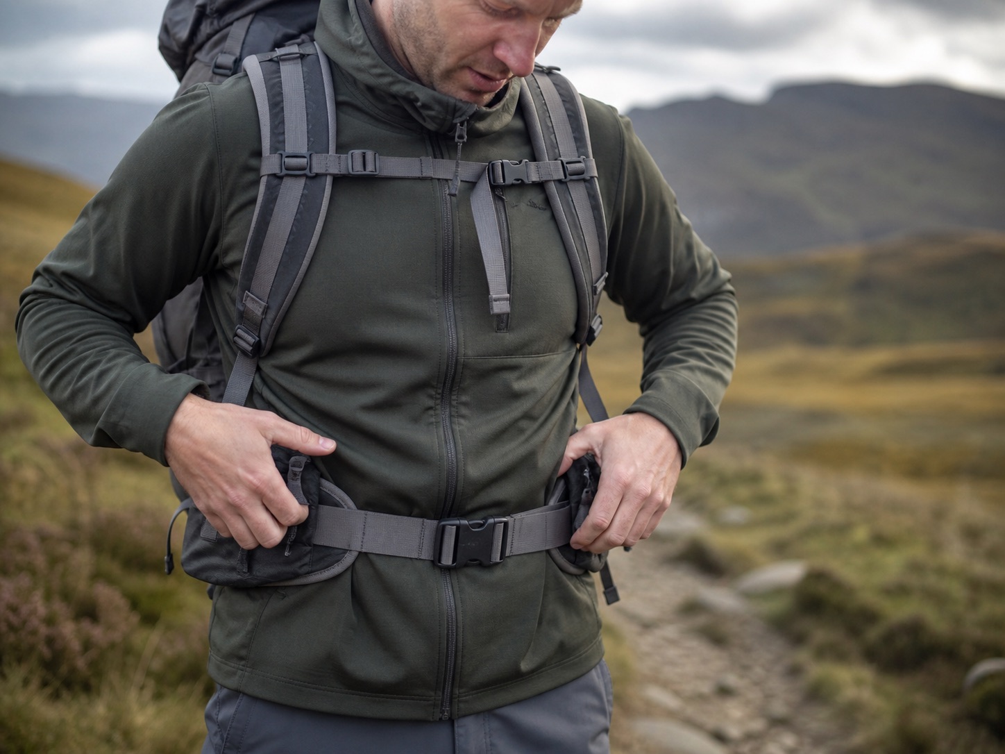 Hiker adjusting the hip belt and sternum strap on a walking rucksack
