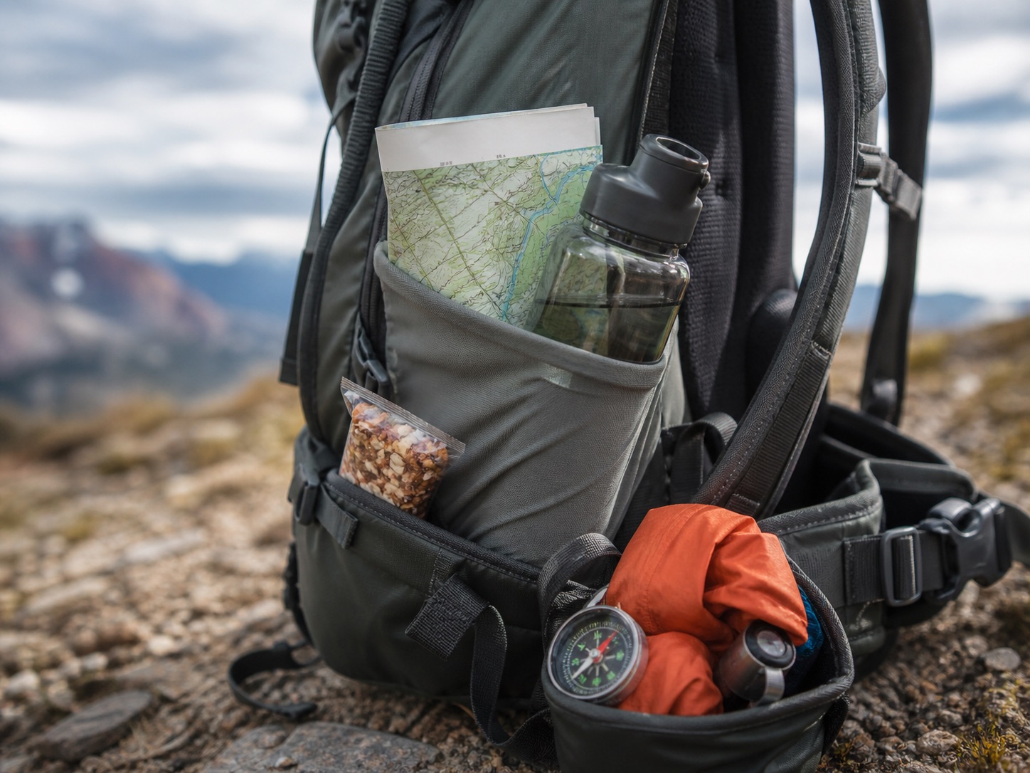 Hiking backpack pockets with map, water bottle, snacks, and waterproof layer
