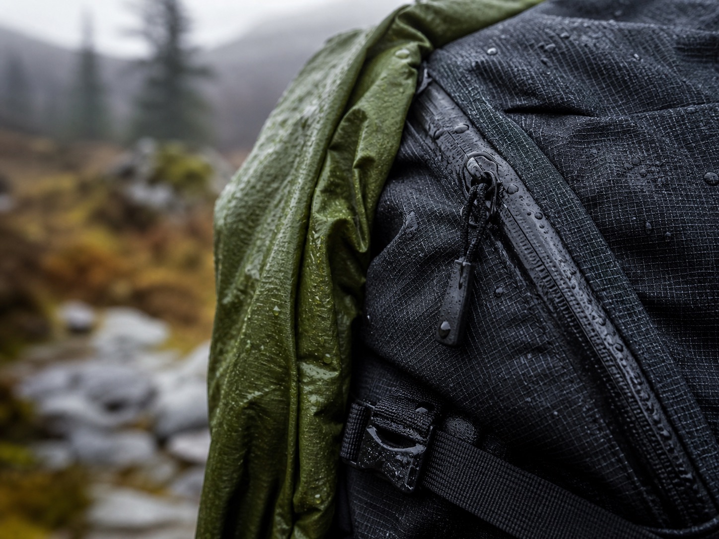 Waterproof hiking backpack fabric and rain cover detail in wet weather