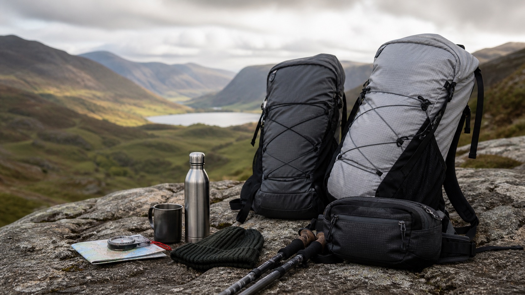 Outdoor bags and packs prepared for a UK walking route