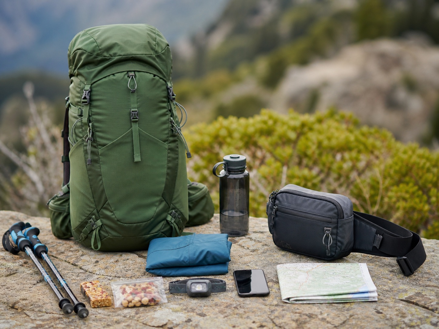 Backpack and waist pack arranged with walking essentials
