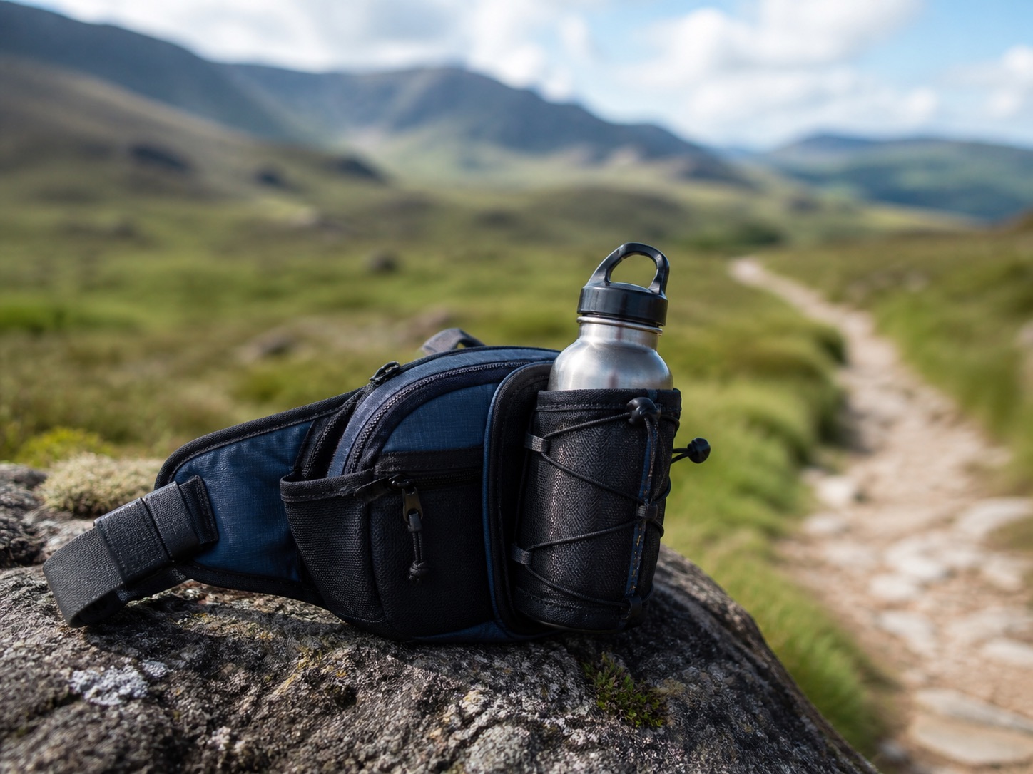 Hiking waist pack with water bottle holder on a moorland path