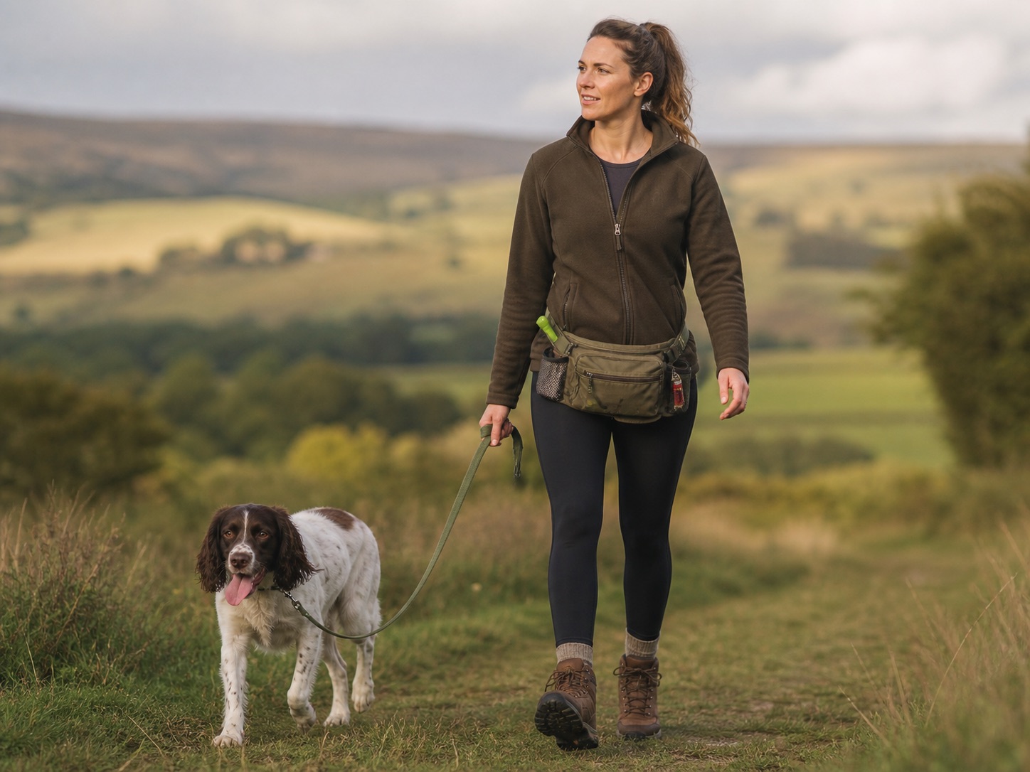 Dog walker using a hiking bum bag on a UK countryside path