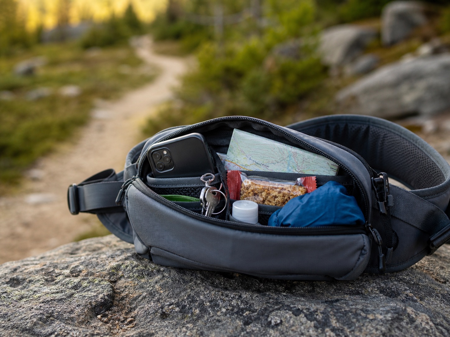 Trail essentials packed into a hiking waist pack