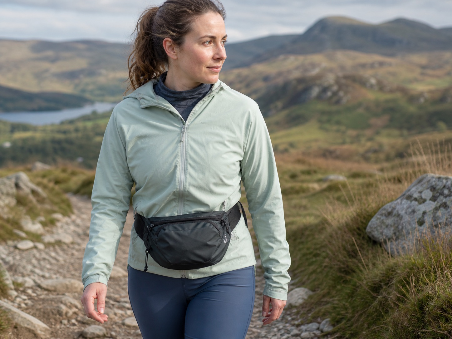 Hiking waist pack worn on a British hill trail