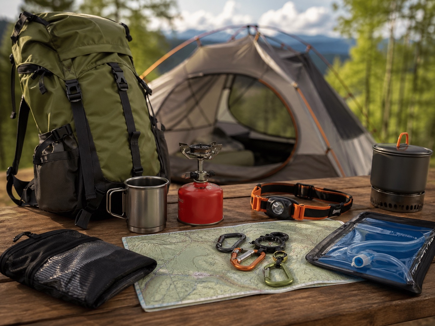 Curated hiking and camping equipment arranged on an outdoor table
