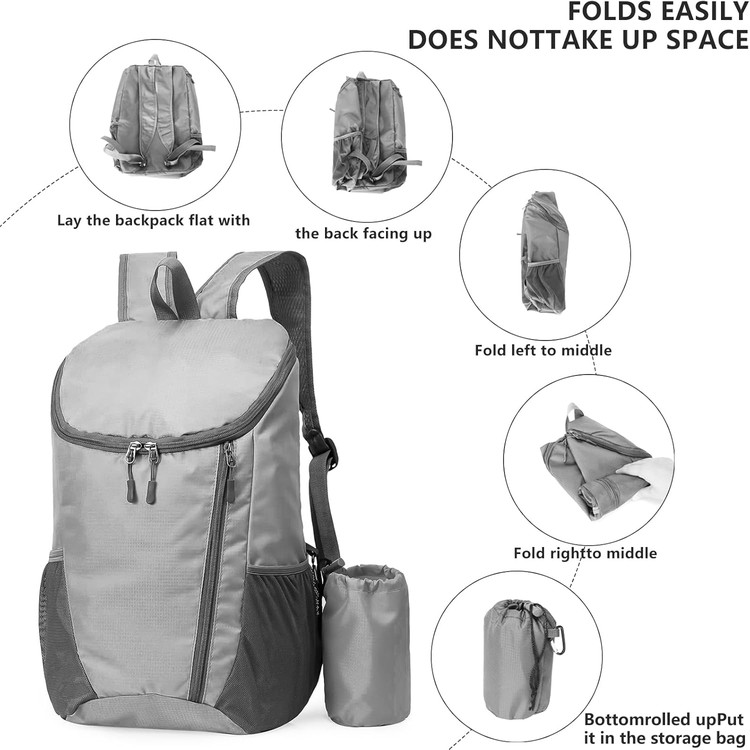 Yoolly Lightweight Foldable Waterproof Backpack - Small Hiking Rucksack for Men, Women & Kids, Durable Outdoor Sports Pack - Grey - Image 5